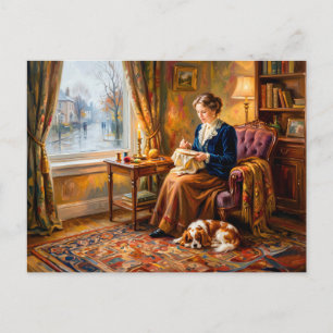 Woman Embroidering by Window with Cavalier Spaniel Postcard