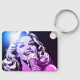 Woman Enjoying Her Ice Cream Blue Purple Magenta  Key Ring