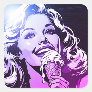 Woman Enjoying Her Ice Cream Blue Purple Magenta  Square Sticker