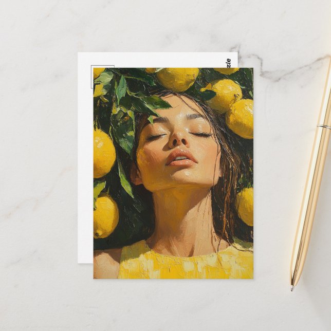 Woman enjoys Sunshine in the Lemon Trees Postcard (Front/Back In Situ)