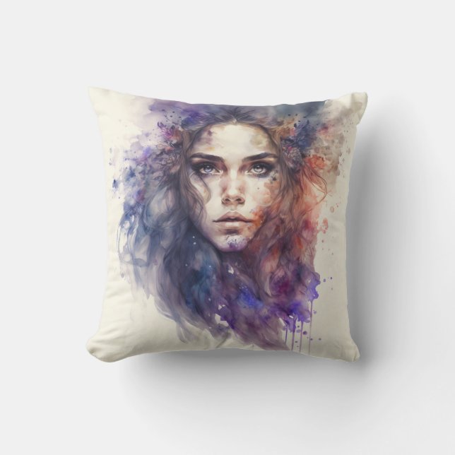 Woman Face Abstract Watercolor Cushion (Front)