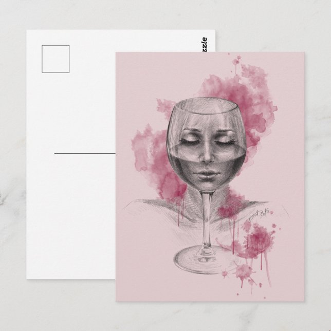 Woman face in wine glass surreal drawing art postcard (Front/Back)