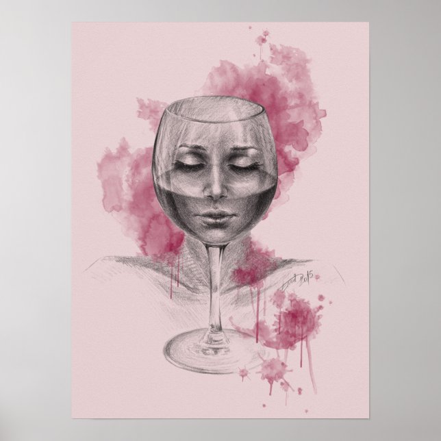 Woman face in wine glass surreal drawing art poster (Front)