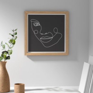 Woman Face Line Art Black and White Poster