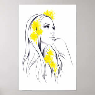 Woman face Yellow flowers Fashion illustration art Poster
