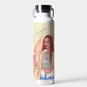 Woman Fashionista Pink Gold  Red Hair Water Bottle