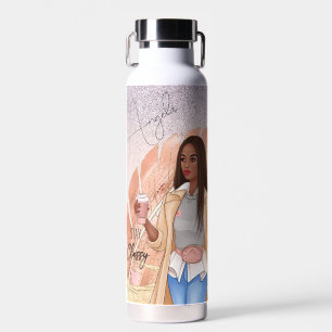 Woman Fashionista Pink Rose Gold Brown Hair  Water Bottle