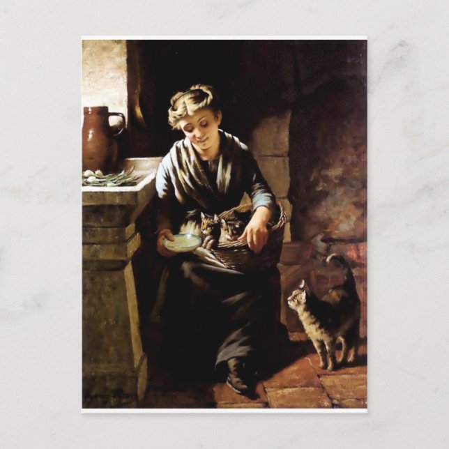 Woman feeding cats antique  painting postcard (Front)