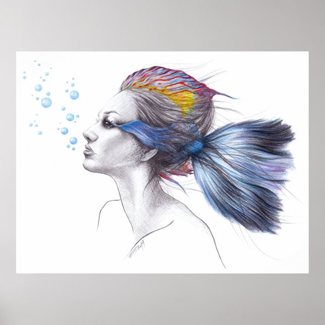 Woman fish Mermaid portrait Surreal drawing art Poster (Front)