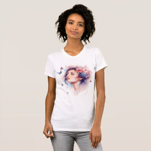 Woman Flowers Butterflies Watercolor Art Feminine T-Shirt
