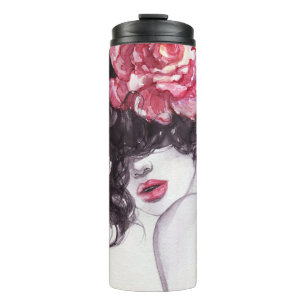 Woman Flowers, Fashion Watercolor Background. Thermal Tumbler