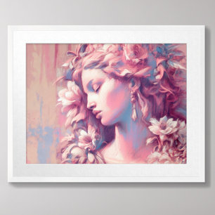 Woman Flowers Pink Blue Hard Pastel Drawing Poster