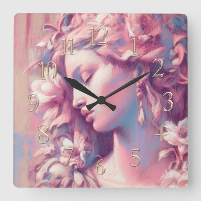 Woman Flowers Pink Blue Hard Pastel Drawing Square Wall Clock (Front)