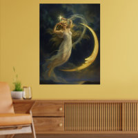 Woman Flying By A Crescent Moon Face
