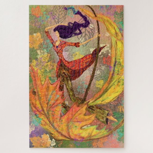 Woman Flying with Autumn Leaves Puzzle (Vertical)