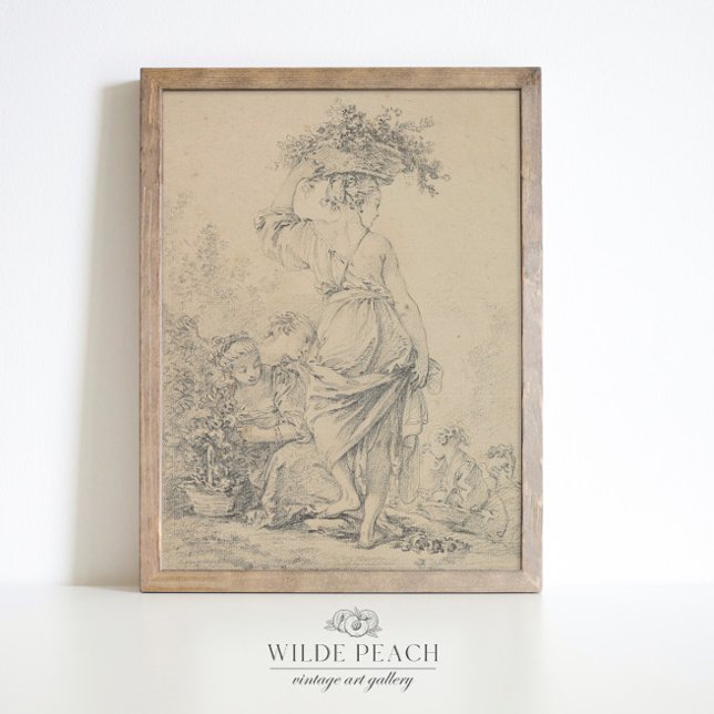 Woman gathering flowers vintage sketch,  poster (Creator Uploaded)