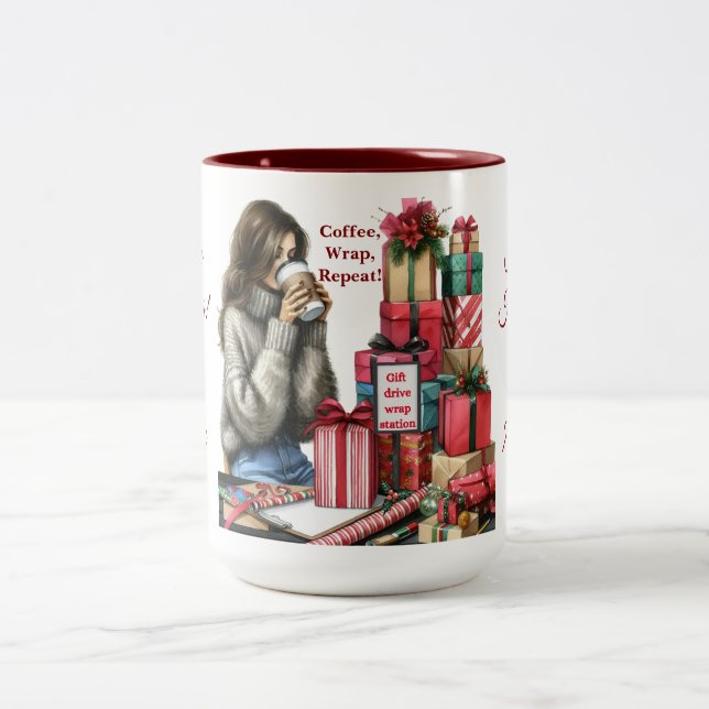 Woman, Gift Wrapping & Sipping Coffee Two-Tone Coffee Mug (Center)