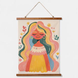 Woman Girl Cute Boho Floral Illustration Hanging Tapestry