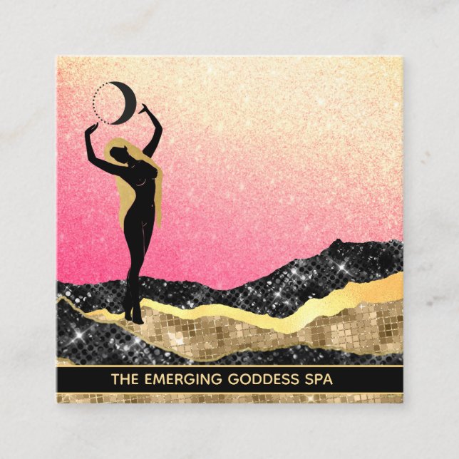 *~* Woman Goddess Pink Yellow Pastel Glitter Moon Square Business Card (Front)