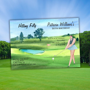 Woman Golf Player Hitting Fifty 50th Birthday Invitation