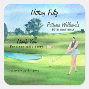 Woman Golf Player Hitting Fifty 50th Birthday Square Sticker