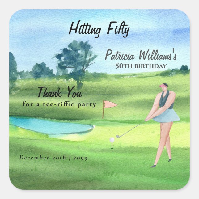 Woman Golf Player Hitting Fifty 50th Birthday Square Sticker (Front)