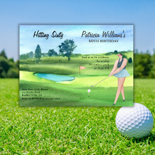 Woman Golf Player Hitting Sixty 60th Birthday Invitation