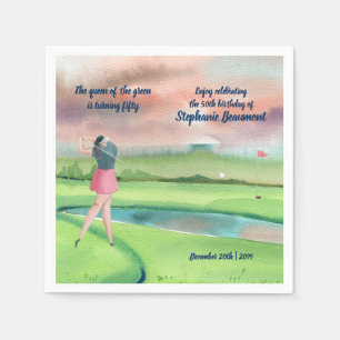 Woman Golf Player Swinging Fifties 50th Birthday Napkin