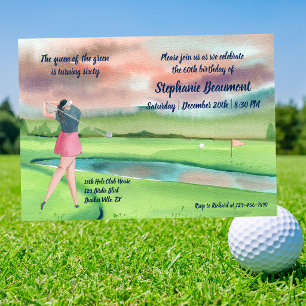 Woman Golf Player Swinging Sixties 60th Birthday Invitation