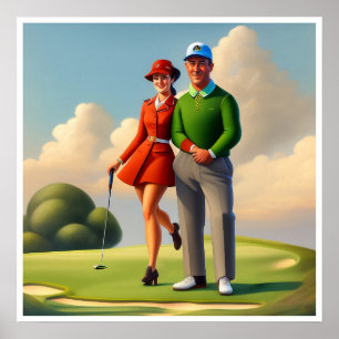 Woman Golfer And Caddie Illustration - Art Print