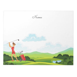 Woman golfer in red golfing on green    notepad