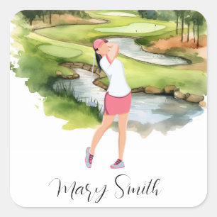 Woman Golfer is golfing on golf course watercolor Square Sticker