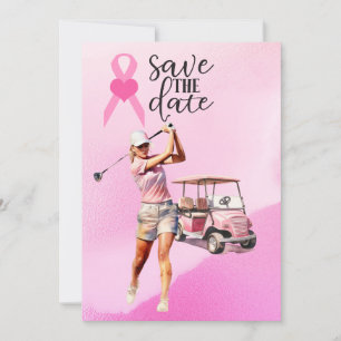 Woman golfer pink golf cart on pink Breast Cancer Invitation