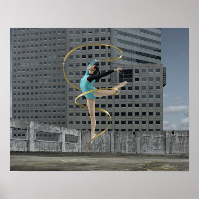 Woman gymnast outdoors on rooftop jumping in air poster (Front)