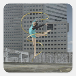 Woman gymnast outdoors on rooftop jumping in air square sticker