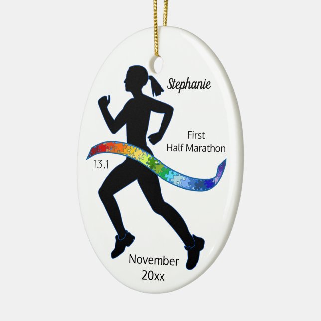 Woman Half Marathon Puzzle Ribbon Ceramic Ornament (Left)