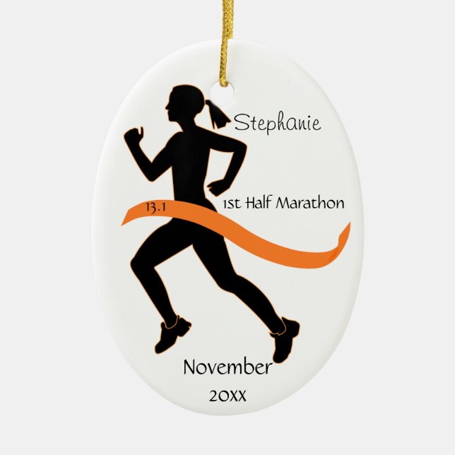 Woman Half Marathon Runner Ornament in Orange (Front)