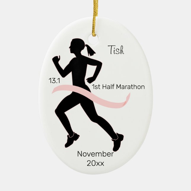 Woman Half Marathon Runner Ornament in Pink (Front)