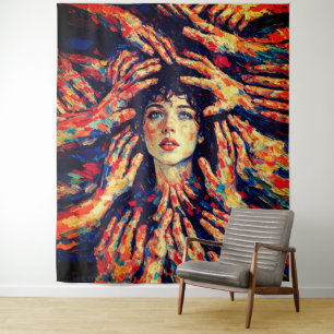 Woman Hands Covering Face Intense Emotional Tapestry