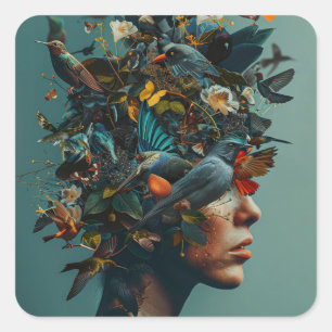 woman head fashion birds nature plant flower beaut square sticker