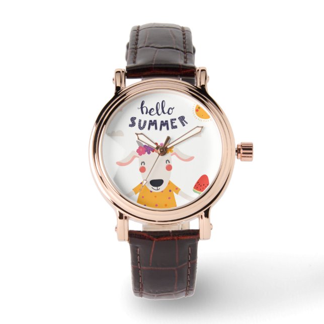 Woman Hello Summer Square Brown Leather Watch (Front)