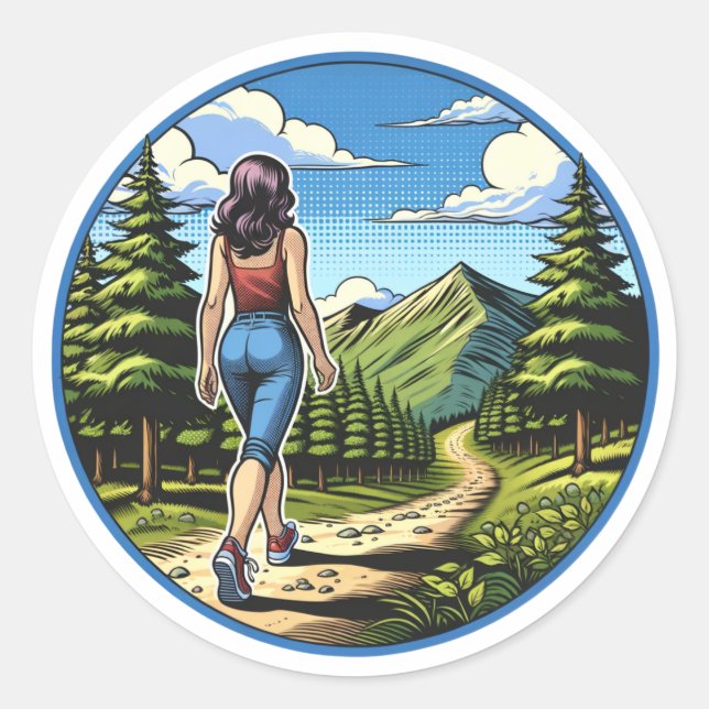 Woman Hiking a Nature Trial Classic Round Sticker (Front)