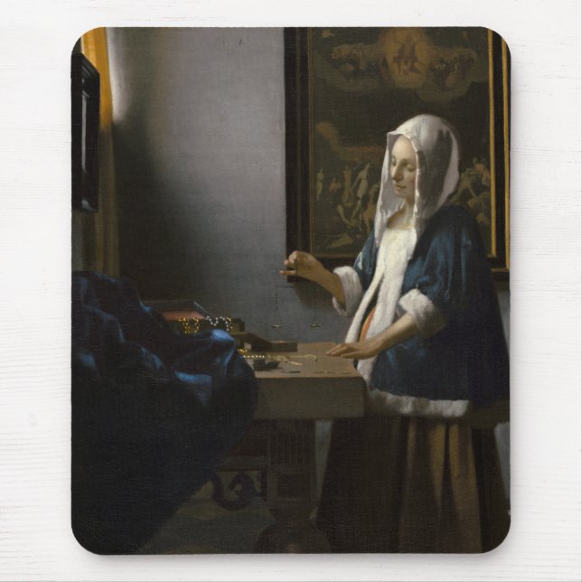 Woman Holding a Balance by Johannes Vermeer Mouse Pad (Front)