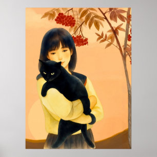 Woman Holding a Black Cat in Autumn Poster