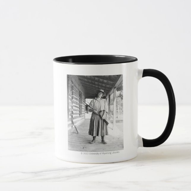 Woman holding a rifle on a porch mug (Right)