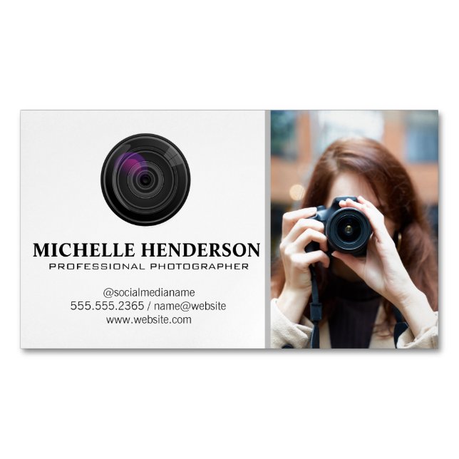 Woman Holding Camera Taking Photo Magnetic Business Card (Front)