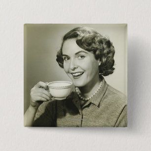Woman Holding Cups 15 Cm Square Badge