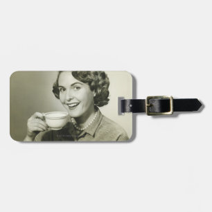 Woman Holding Cups Luggage Tag