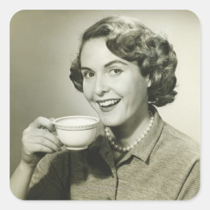 Woman Holding Cups Square Sticker