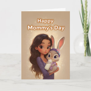 Woman Holding Cute Baby Bunny for Mummy's Day Card